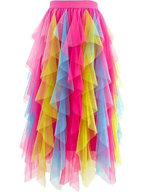 Women's Rainbow High Waist Layered Tulle Mesh Ruffle Asymmetric Midi Tutu Skirt